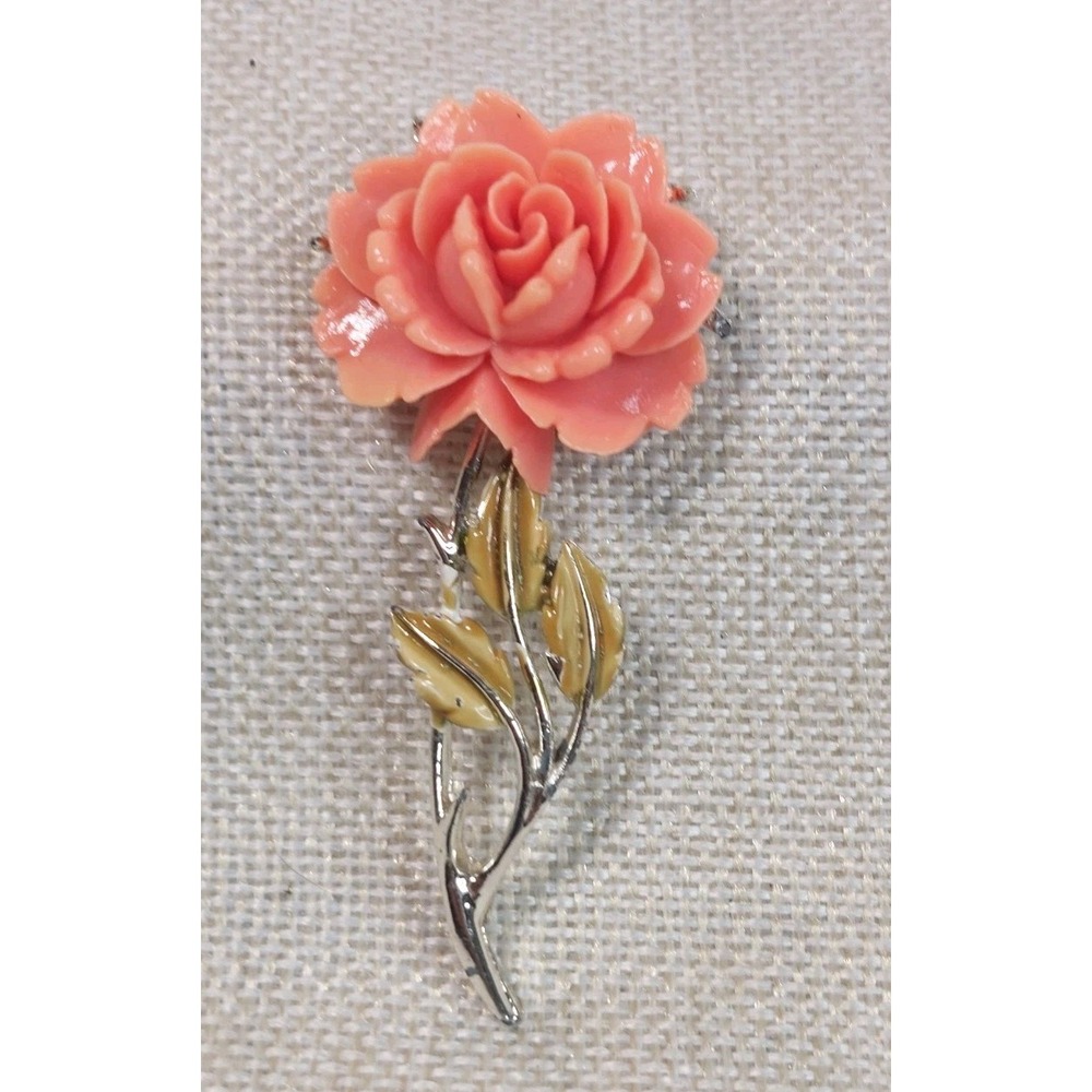 Vintage JJ Jonette Faux Coral Rose Brooch Pink Celluloid Flower Pin MCM Retro
